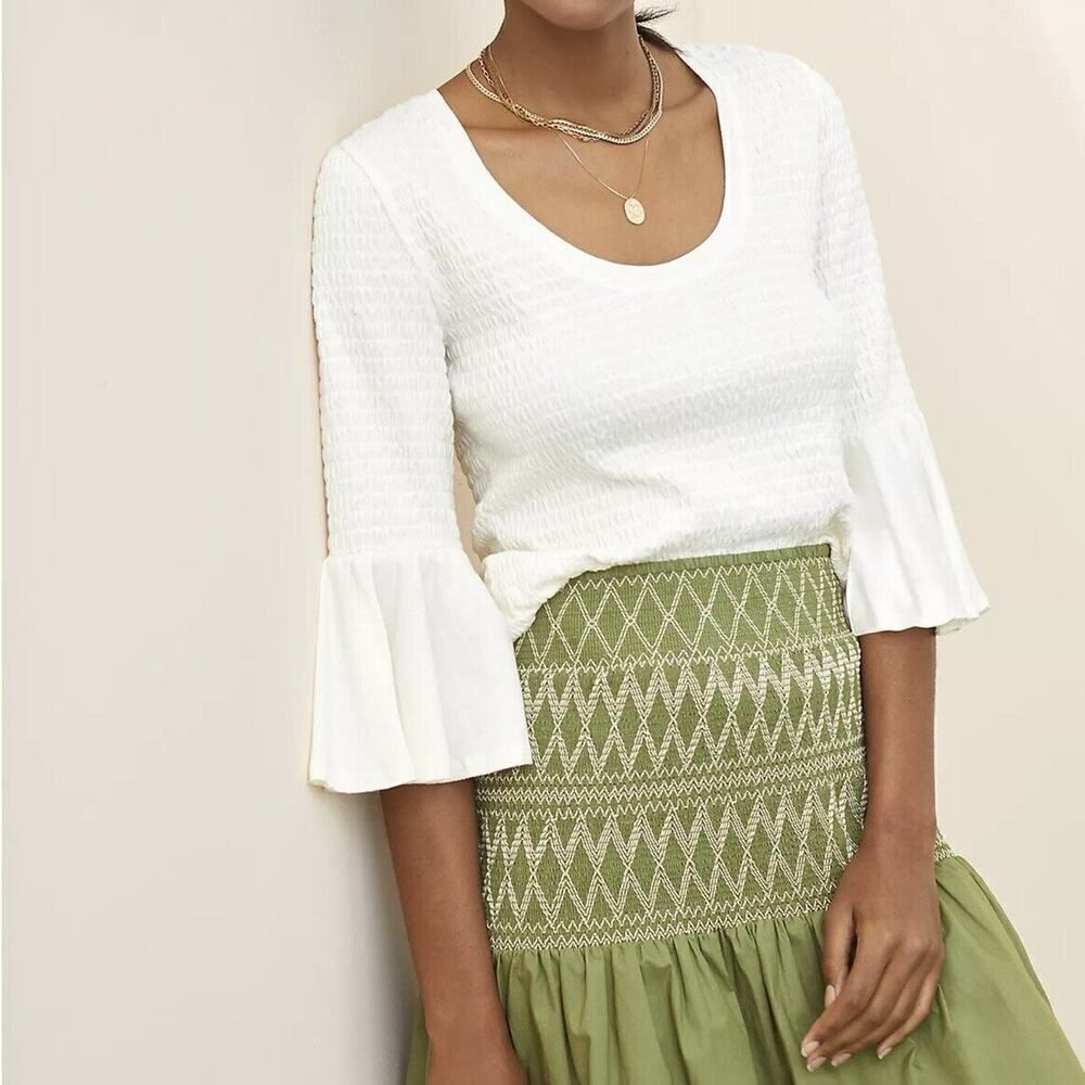 Anthropologie Smocked Bell-Sleeve Top Shirt Ivory Women’s Size‎ Extra Small